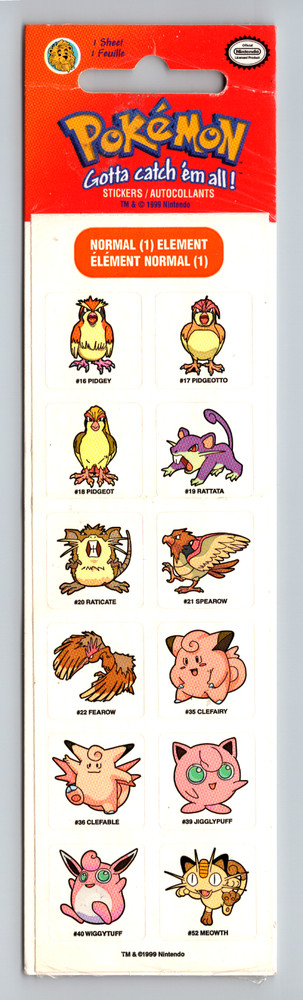 SANDYLION VINTAGE 1999 NINTENDO POKEMON NORMAL ELEMENT STICKERS NEW SEALED