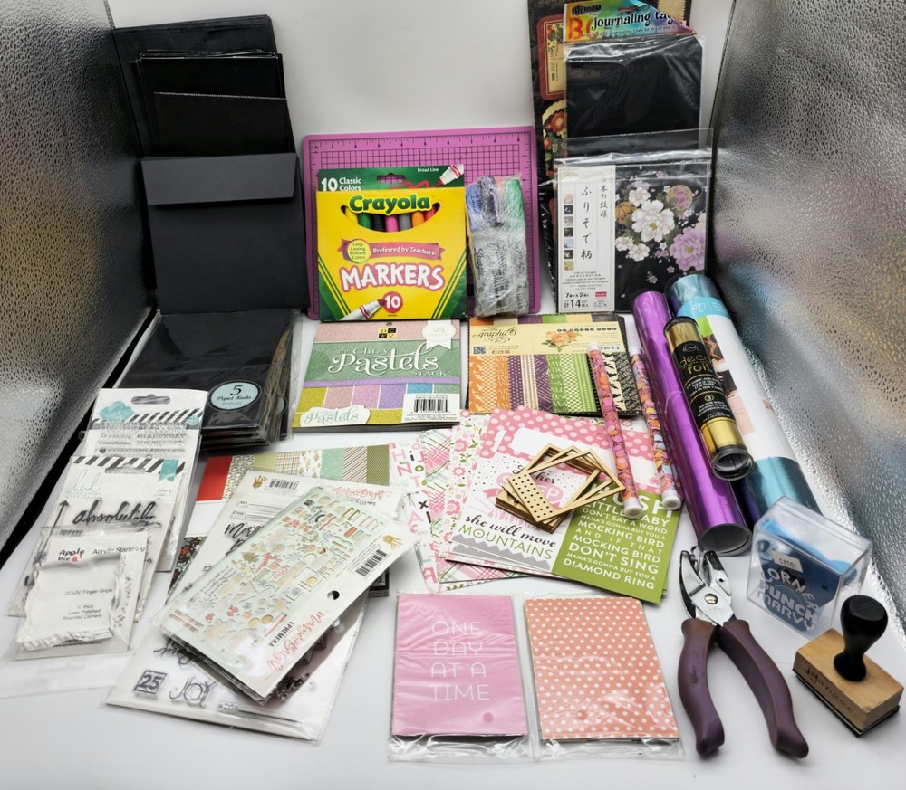 Craft Supplies Scrapbook Paper Stamps Punches Foil Colored Markers Lot of 50
