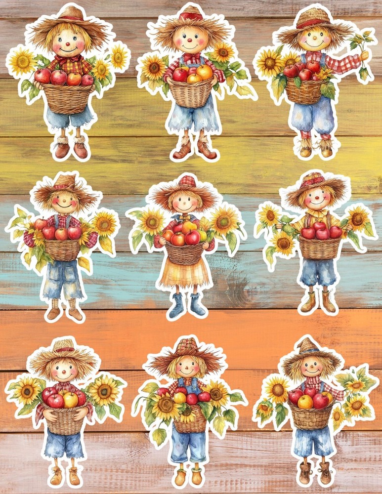 Fall Harvest Scarecrow Die Cut Stickers Set Scrapbooking Laptop WaterBottle