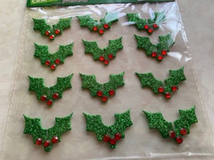 CHRISTMAS PAPER CRAFTS 3D FOAM STICKER GREEN GLITTER HOLLY 12PCS