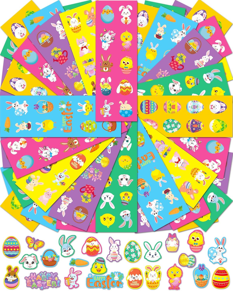 1260 PCS Easter Stickers for Kids, 100 Sheets Egg Decorating Fillers Bunny Stick