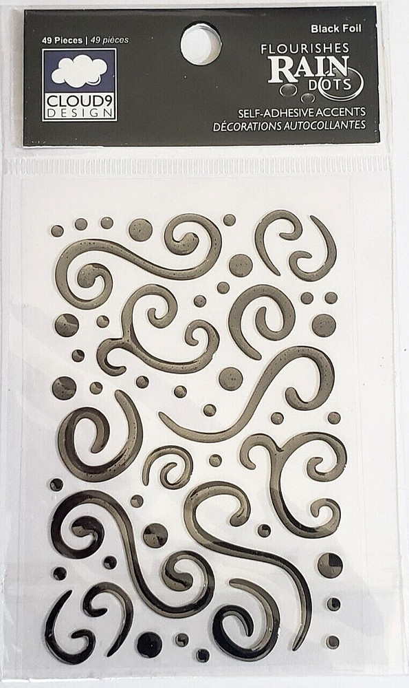 Cloud9 Design Rain Dots BLACK FOIL FLOURISHES Epoxy Self-Adhesive Accents, 49pcs