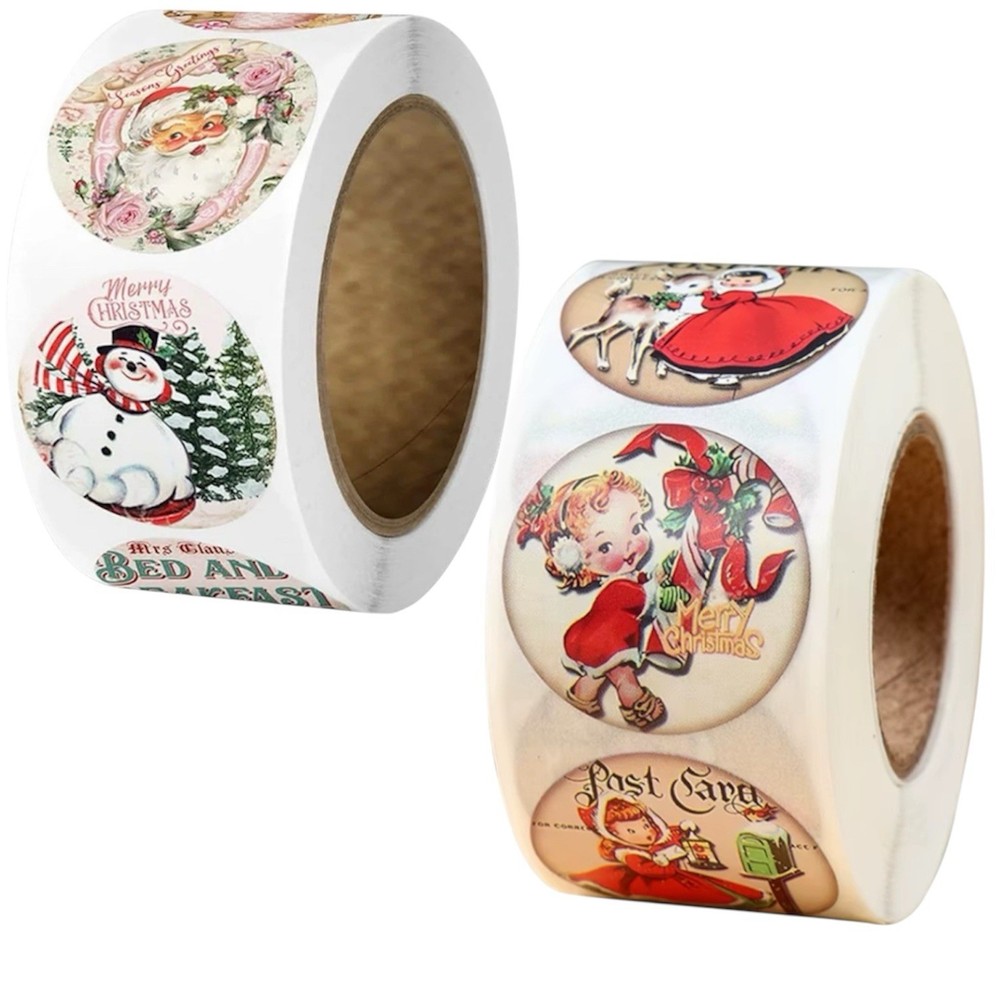 2 ROLLS = 1000PCS 1” Vintage Retro Nostalgia Old Christmas Stickers Labels Lot