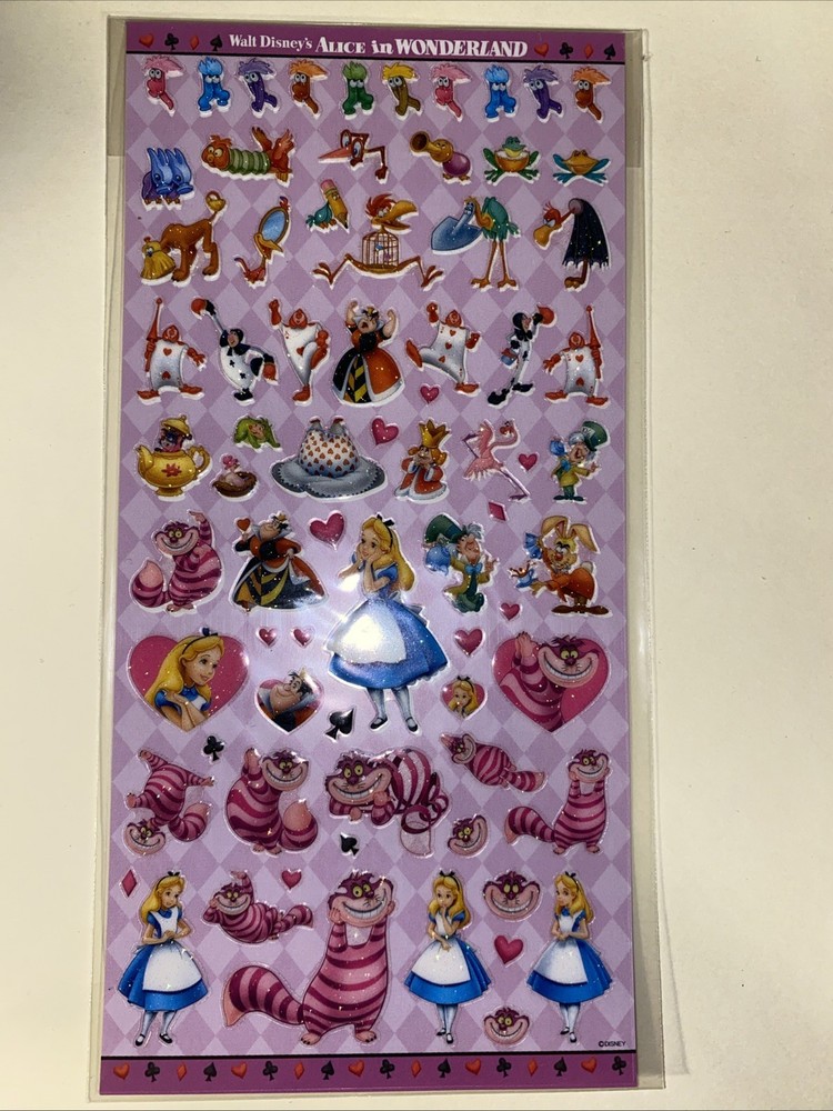 Vintage ALICE IN WONDERLAND Glittery Sticker Sheet RARE