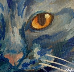 Cat Sticker, ‘Gaze’ Blue Cat Acrylic Painting Art Sticker, 2.5 x 2.5 in