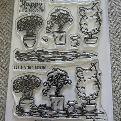 Colorado Craft Company Acrylic Stamps TOPIARIES AND KITTEN cat plants