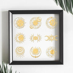 9Pcs 1.6X1.6 Inch Sun and Moon Metal Stickers Star Leaf Self Adhesive Gold Stick