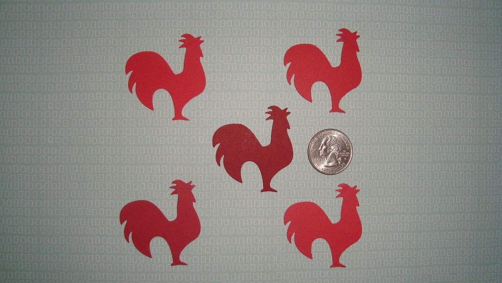 30 ROOSTER CHICKEN CONFETTI DIE CUTS PUNCHES 5 SHADES OF RED