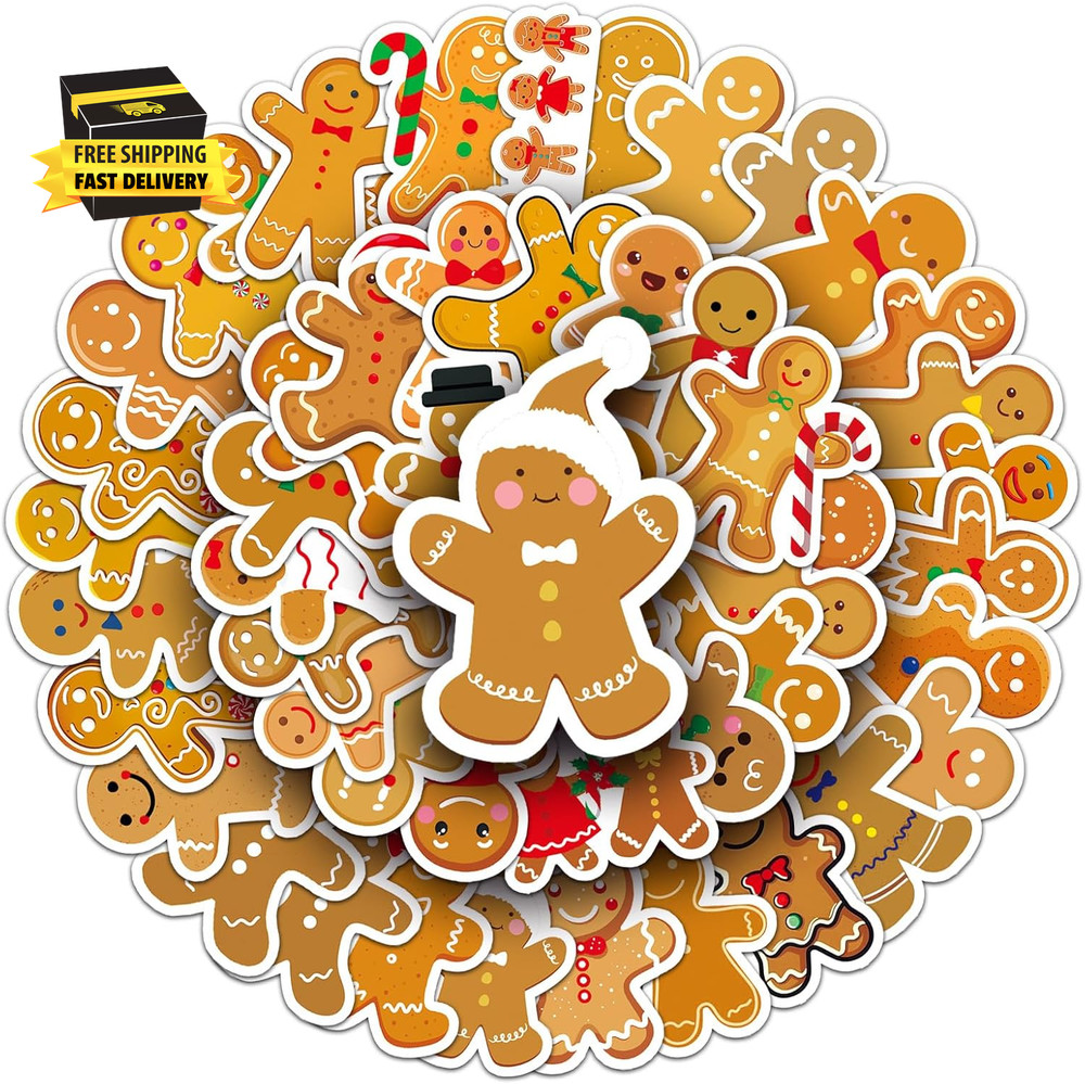 50 Pcs Gingerbread Man Stickers – Waterproof Vinyl Christmas Gingerbread Sticker