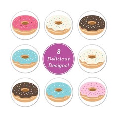 Adorable Donut Stickers – 500 Roll Labels, 1.5″ Food Party Envelope Seals, 8 Des