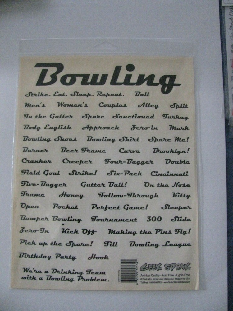 Geek Speak Stickers BOWLING Words Phrases 1 Sheet 8.5″ X 11″ NIP