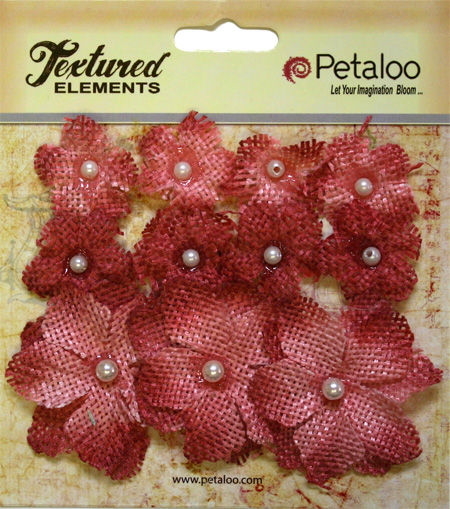 Burlap Flowers ANTIQUE RED Approx 8 @ 2cm & 3 @ 4cm across Petaloo 1208 BUR