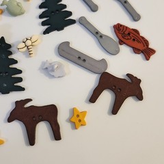 UNUSED Decorative Buttons OUTDOORS CANOE FISH TREE MOOSE Crafts Sewing Scrapbook