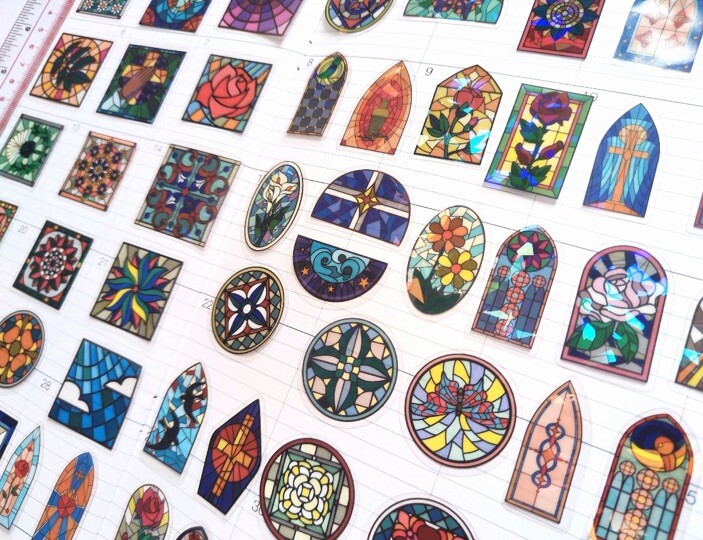 Set Of 60 Stained Glass Cathedral Sticker Flakes Windows Journal