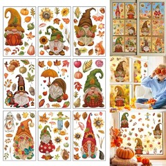 9 Sheets Autumn Maple Leaf Pumpkin Gnome Window Stickers PVC Fall Window Decals