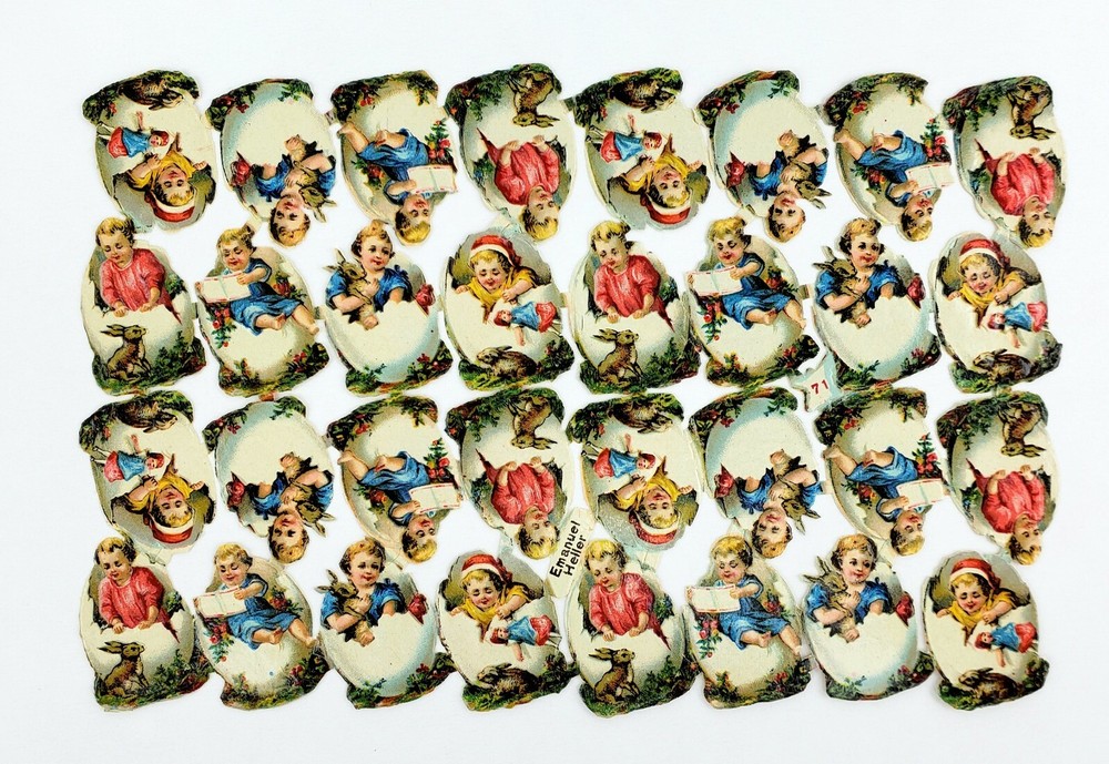 Children in Easter Eggs Vintage Die Cut Rabbit Scrap Paper Heller #71 Austria