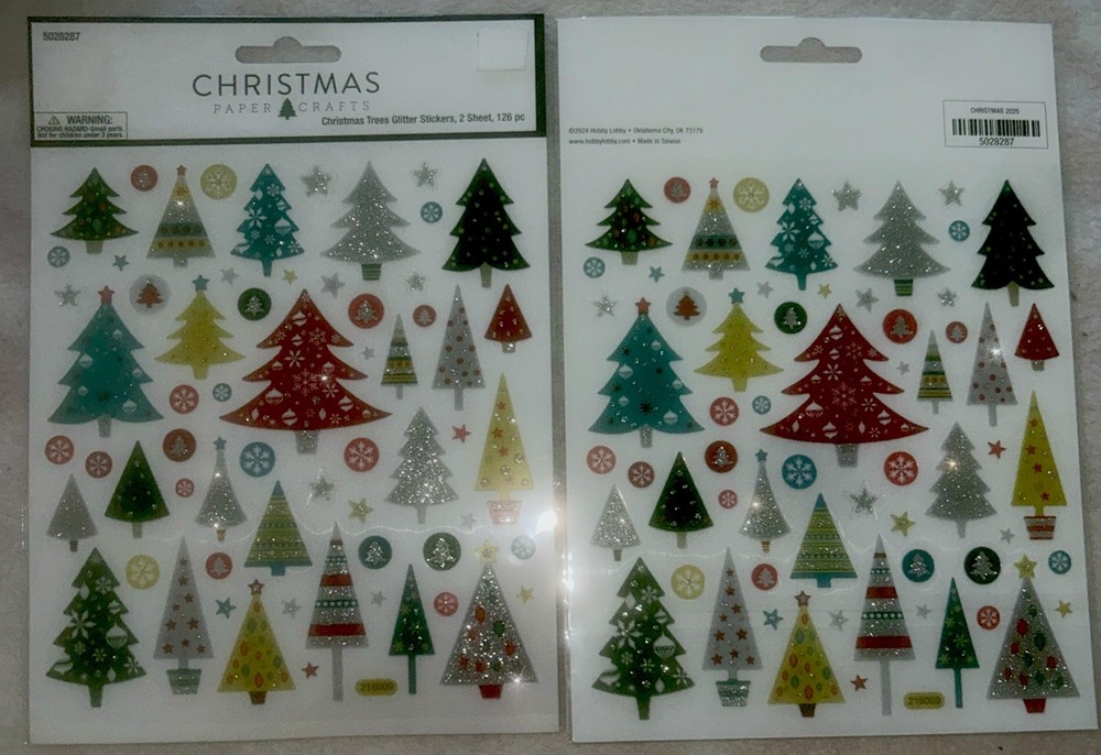 12 HL Christmas Paper Crafts Trees Glitter Sticker Sheets (2 Sheets)