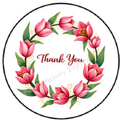 THANK YOU PINK TULIP WREATH ENVELOPE SEALS LABELS STICKERS PARTY FAVORS