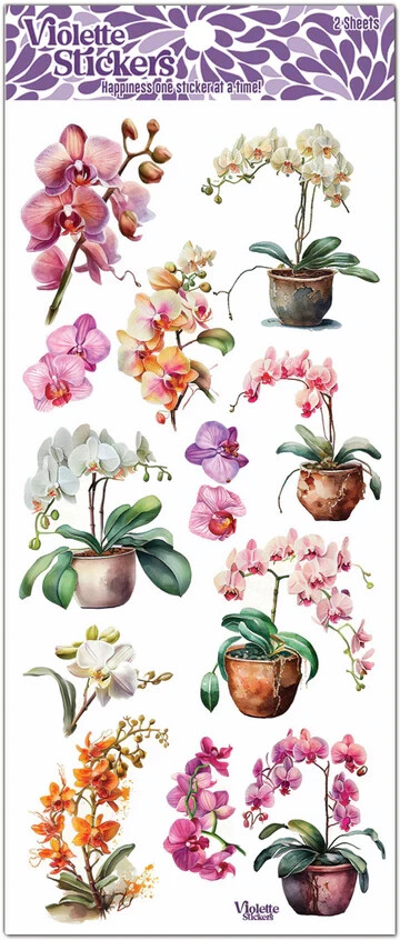 Violette Stickers 2 Sheets Orchids Pots White Orange Purple Pink Blooms Flowers