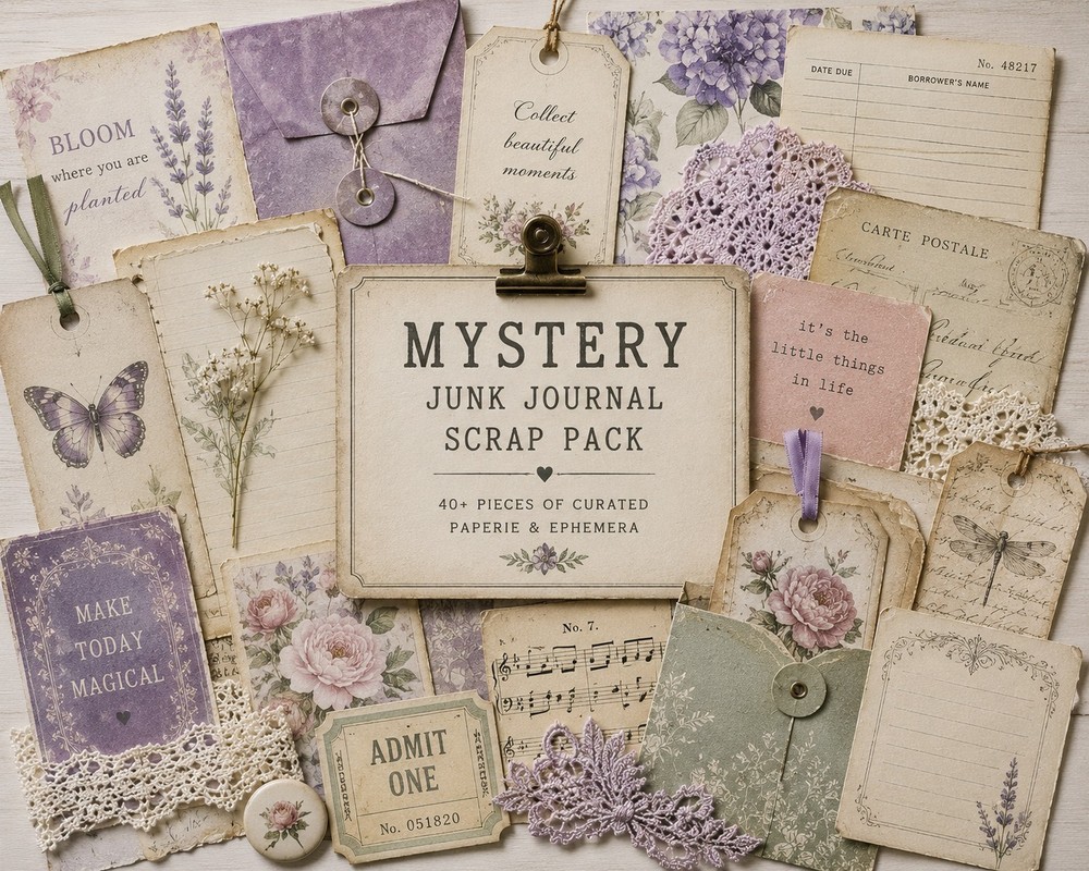 Mystery Junk Journal Scrap Pack – Vintage Ephemera Bundle