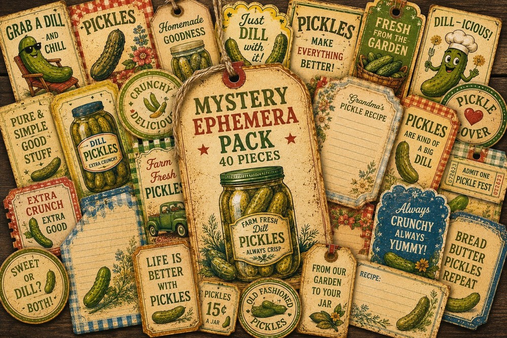 Vintage Pickle Mystery Ephemera Pack | 40 Printed Retro Kitchen Paper Pieces
