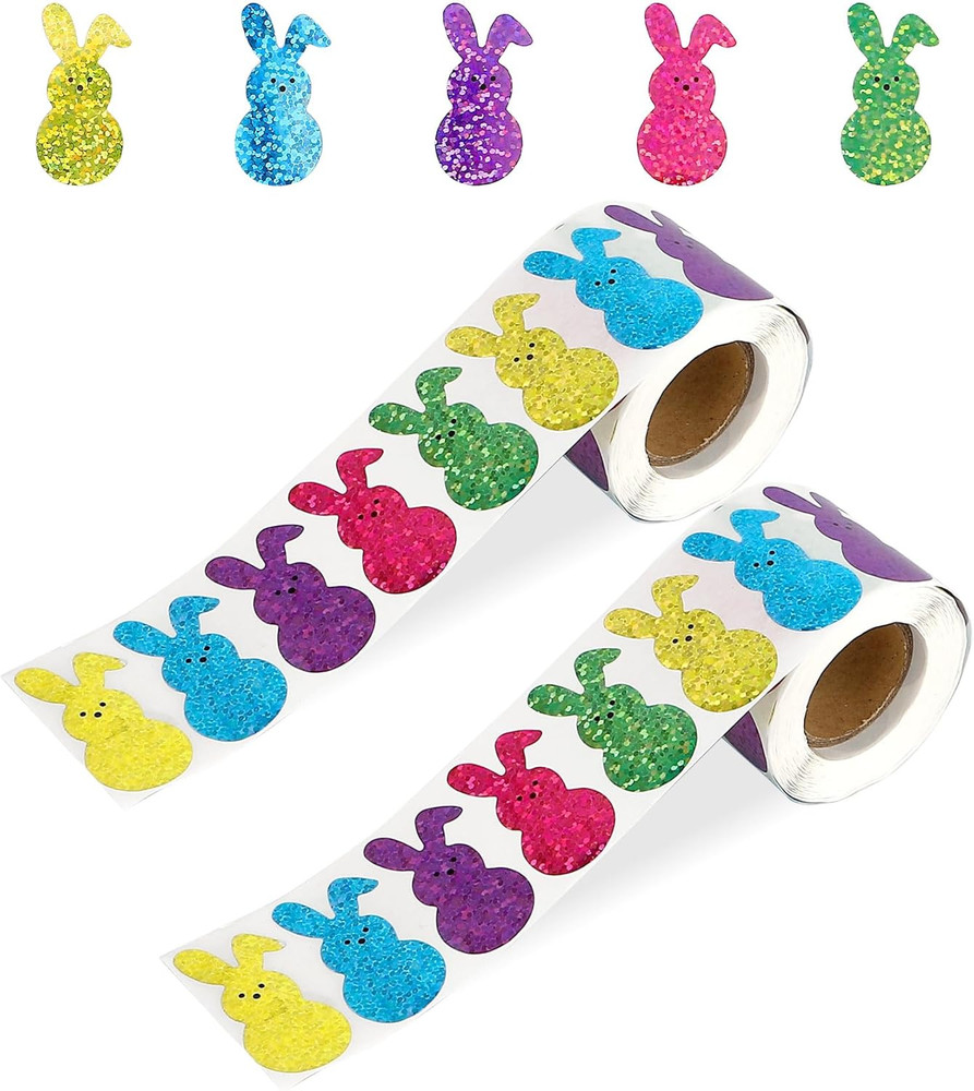 Colorful Glitter Easter Bunny Stickers, 1.5» Self-Adhesive Roll, 500 Pcs