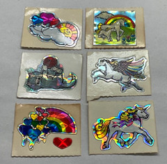 Vintage BJ ‘on the roll’ Sm Stickers Unicorn Rainbow Hearts Prism Kitten Balloon