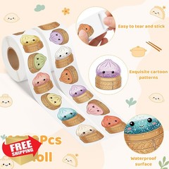 Feuid Gniea Cute Dumpling Roll Stickers – 2 Rolls 1000Pcs Cartoon Dumpling Wa…
