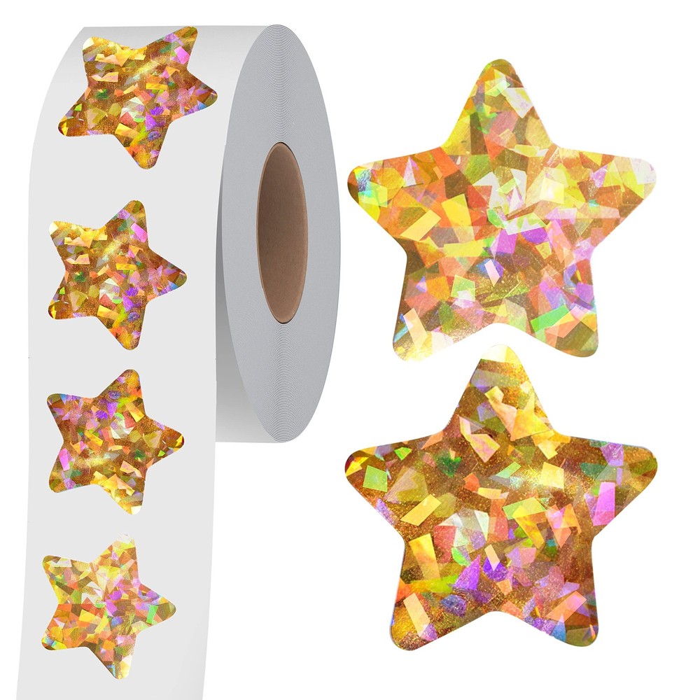 500 PCS Holographic Gold Star Stickers, Self~Adhesive Glitter Reward Labels