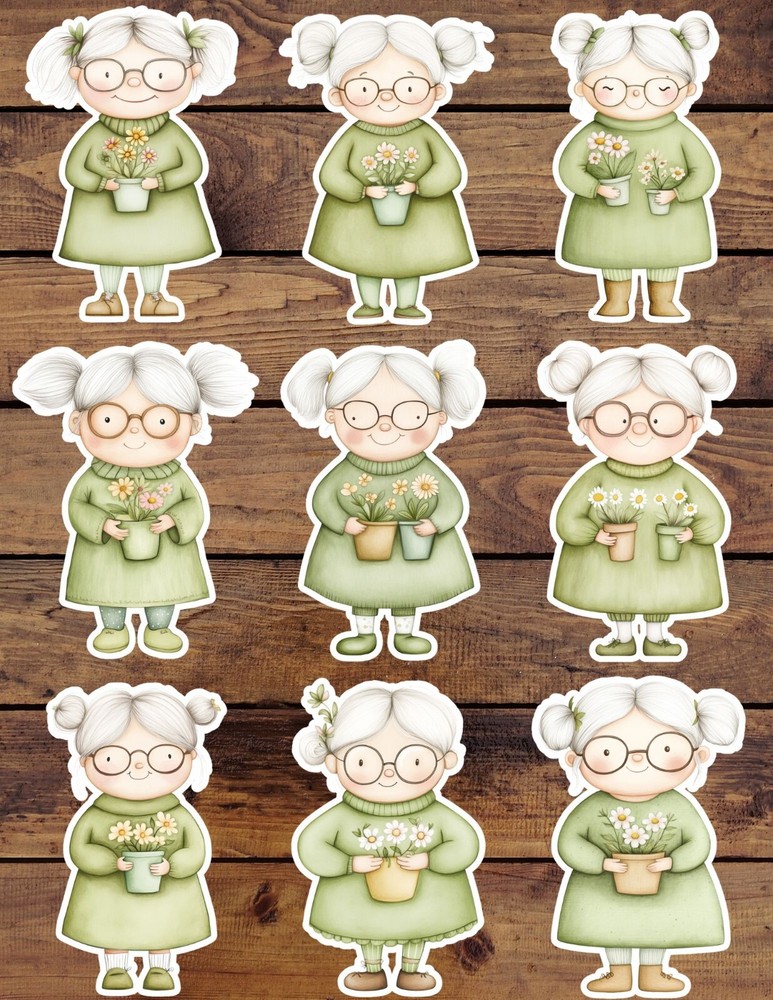 Little Garden Granny Die Cut Vinyl Stickers Set Scrapbooking Laptop Waterbottle