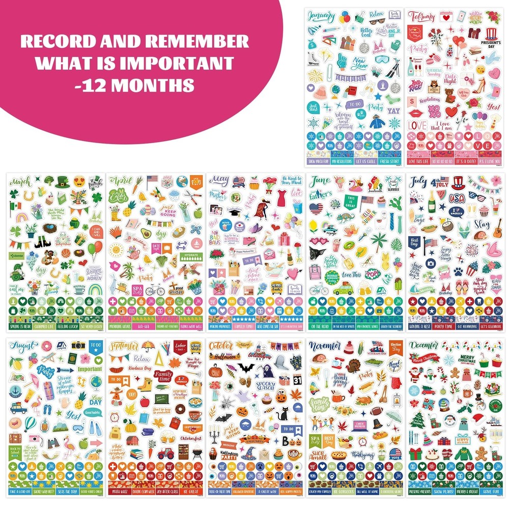 Calendar Stickers, 14 Sheets Seasonal Events, 1,200+ Planner Labels, Green