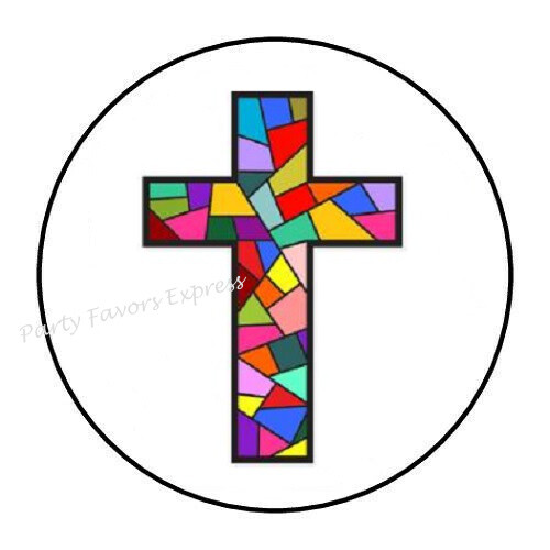 30 STAINED GLASS CROSS ENVELOPE SEALS LABELS STICKERS PARTY FAVORS 1.5″ ROUND