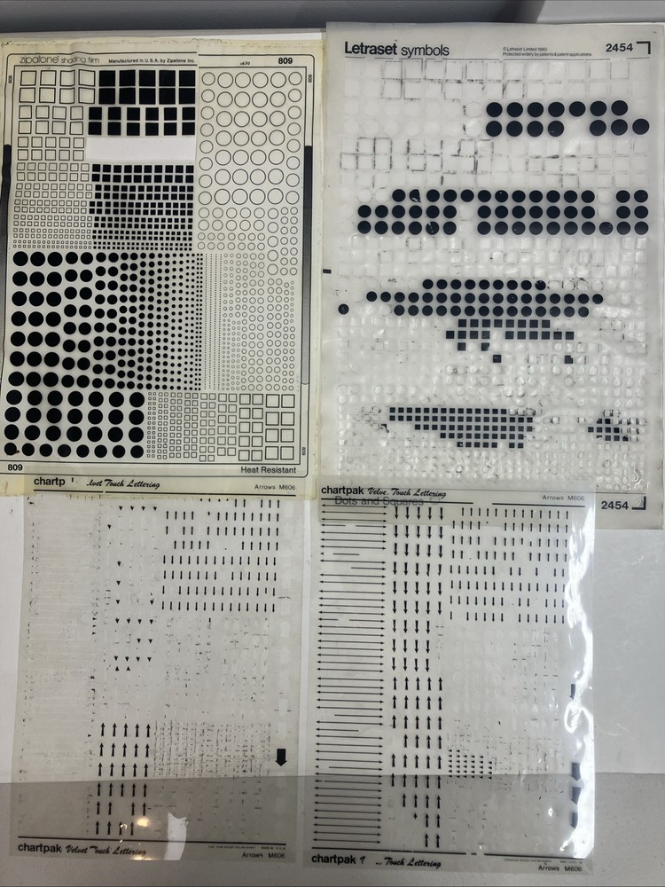 Letraset Chartpak Zip A Tone Circles Squares And Arrows – 4 Partial Sheets