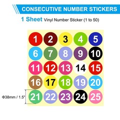 1 to 50 Number Stickers 1.5 Inch, Vinyl Round Labels Dot Decals, Multicolor