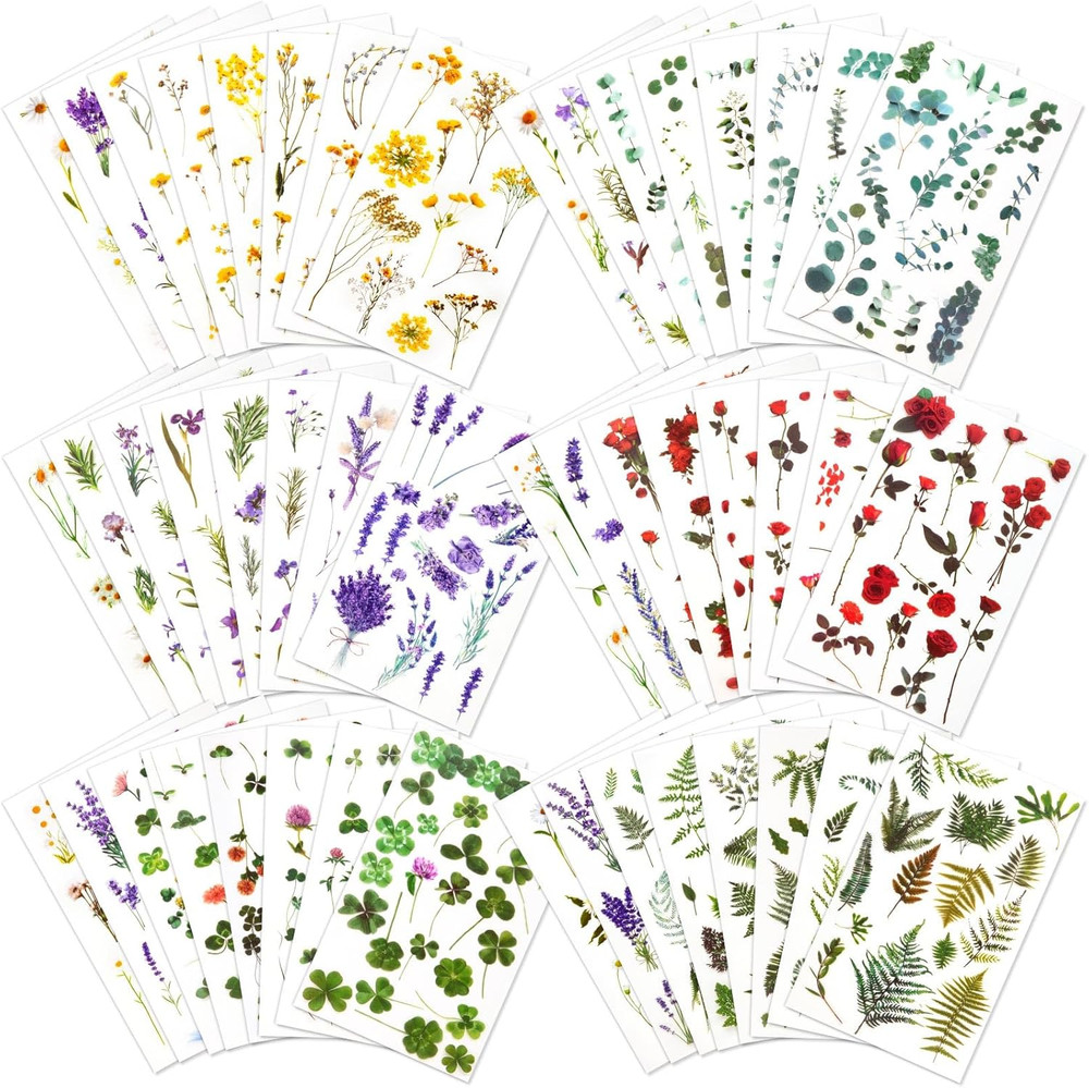 722 Pieces Pressed Flower Stickers for Crafts (Assorted 722 Pieces,48 Sheets) Fl