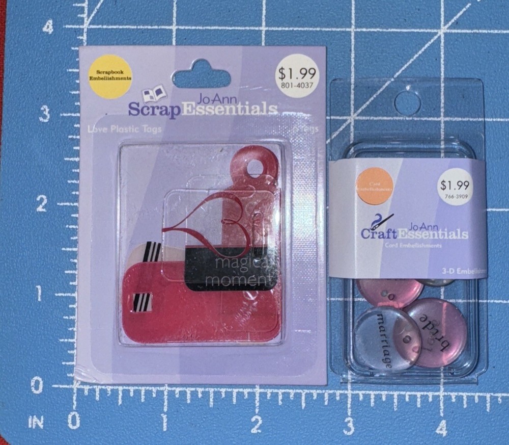 2 JoAnn Scrap / Craft Essentials Embellishments Love Tags & Wedding Buttons