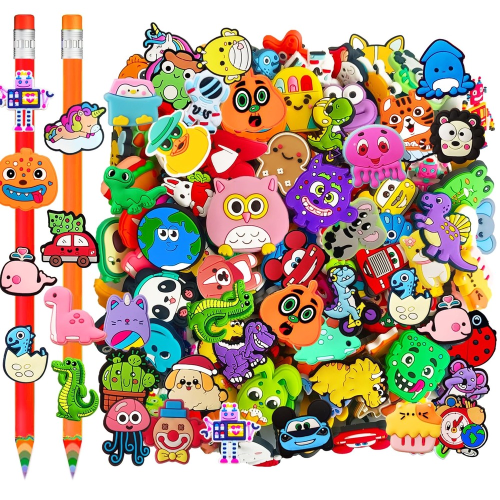 100 Pcs Pencil Topper Decoration,Mixed Style Pen Straw Clips Toppers Charms A…