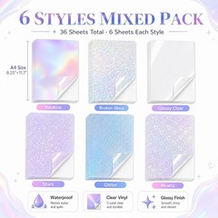36 Sheets Holographic Sticker Paper Holographic Clear Vinyl Self Adhesive Waterp
