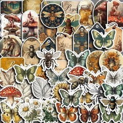 50pc Vintage Retro Bee Butterfly, Flower & Mushroom Sticker Set For Scrapbooking