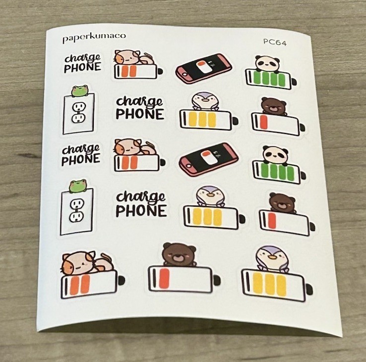 NEW PaperKumaCo “Charge Phone” 📱 Sticker Sheet Paper Kuma Co PKC Stickers