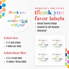 Colorful Thank You Stickers | 2″ Waterproof Labels for Wedding, Baby Shower | 60