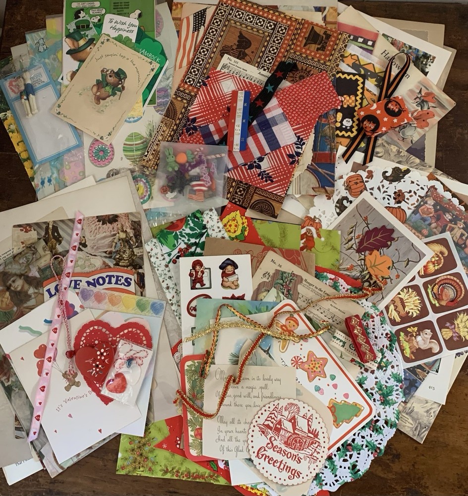 Assorted Holiday Themed Vintage Junk Journaling Paper & Buttons Packet 130 Items