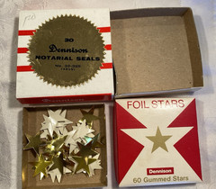 Vintage Dennison 30 GOLD Foil Gummed Stars & Box & Empty NOTARIAL SEAL Boxes