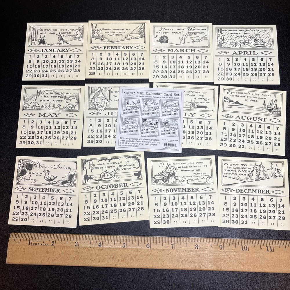 Jenni Bowlin Studio set of 12 mini calendar cards, scrapbook junk journal 3×3″