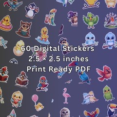 60 Cute Bird Digital Stickers Bundle | Printable Kawaii Animal Digital Download