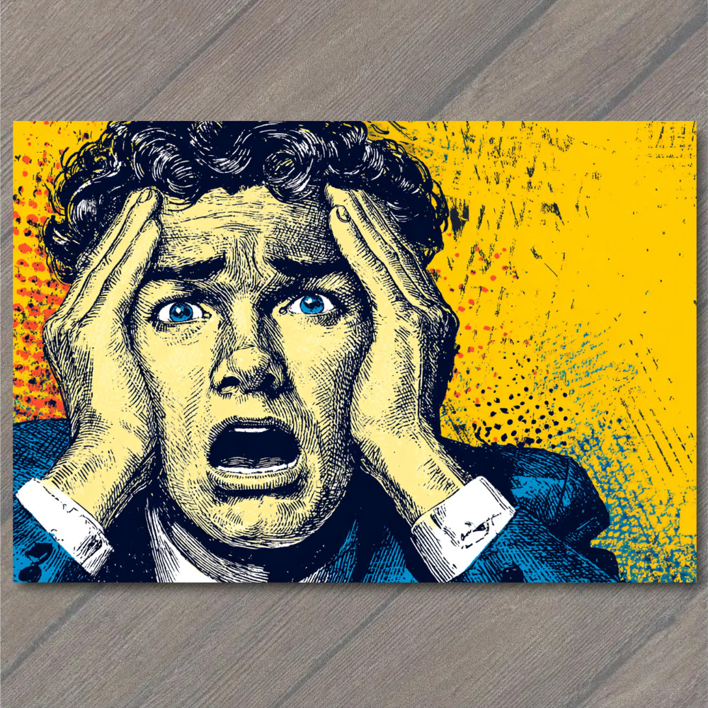 STICKER Pop Art Shocked Man Retro Comic Style Bright Yellow Blue Expression Dr