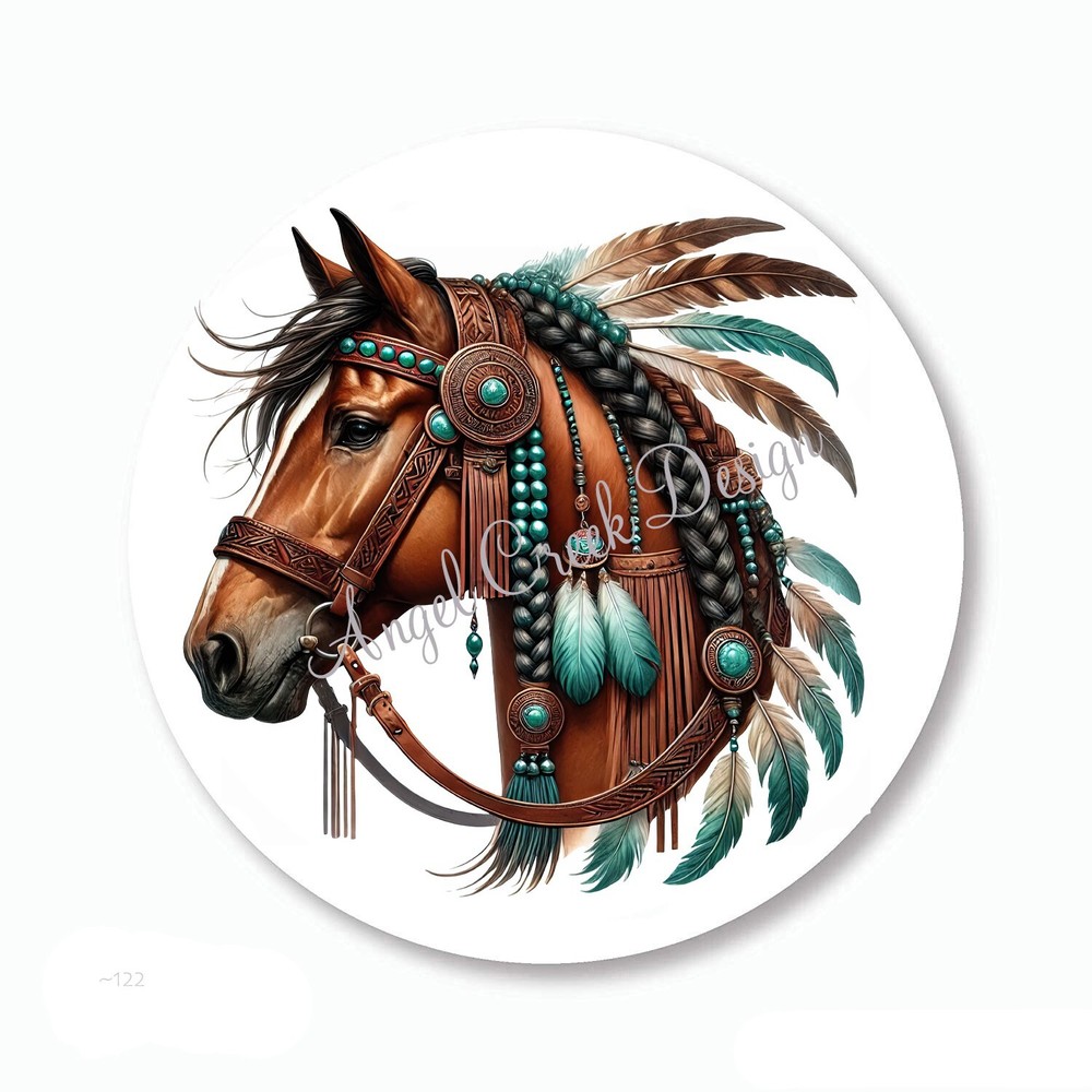 Tribal Teal Brown Feathers Horse Scrapbook Stickers Favors Envelope Seals Labels
