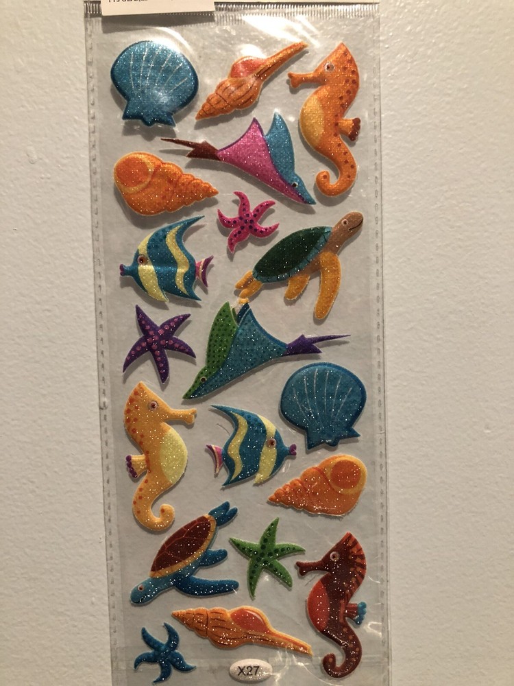 Cute Sea Horse And Sea Animals Glitter Puffy Sticker Sheet Scrapbooking Kids