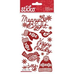 Crafts Stickers Sticko Holiday Glitter Words Red Merry Bright Hat Mittens Birds