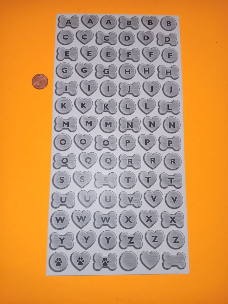 Alphabet Sticker Sheet A-Z Pet Paw Bone Heart Circle Labels Small Silver